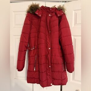 Women's Red Puffer Coat with Faux Fur Hood